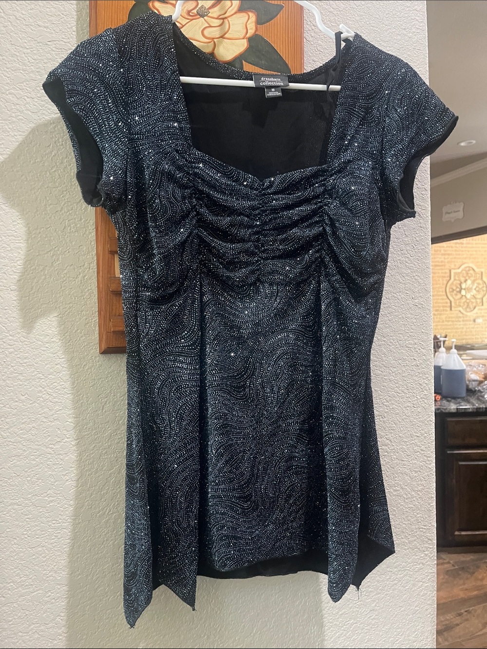 Dress Barn Black Sparkle Ruched Cap Sleeve Tunic